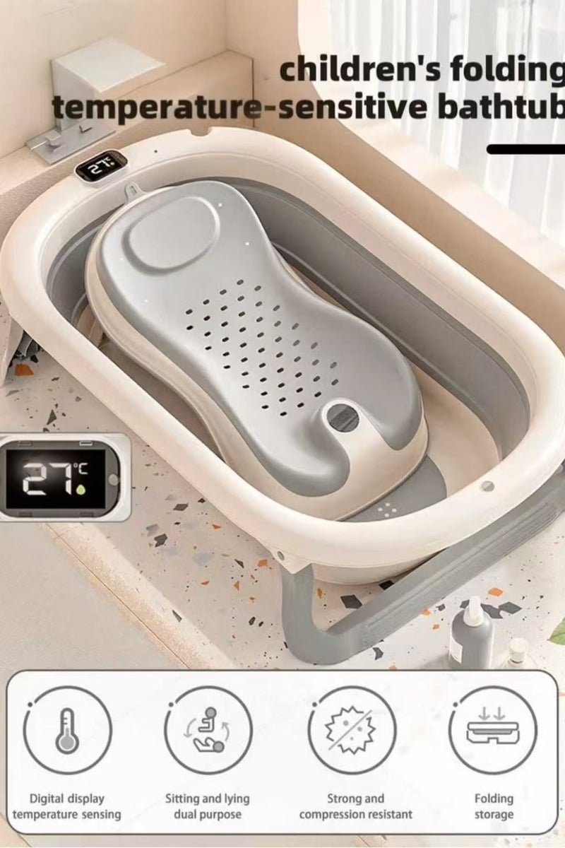 Foldable Baby Bathtub Set with Temperature Sensing Thermometer and Baby Special Bath Bed Newborn Sitting and Lying Large Safety Bathtub - Image 1