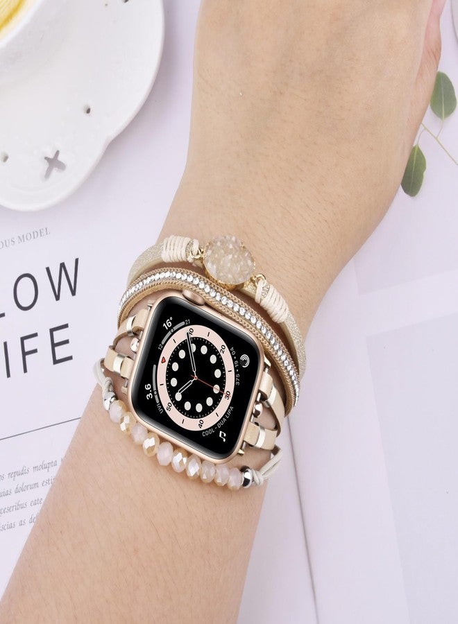 VISOOM Beaded Boho Bracelet Compatible for Apple Watch Band 46mm/45mm/44mm/42mm Series 10 9 8 7 SE Series 6/5/4 Women Leather Fashion Cute Handmade Multilayer Wrap Watch Strap for iWatch Bands 3/2/1 - Image 2