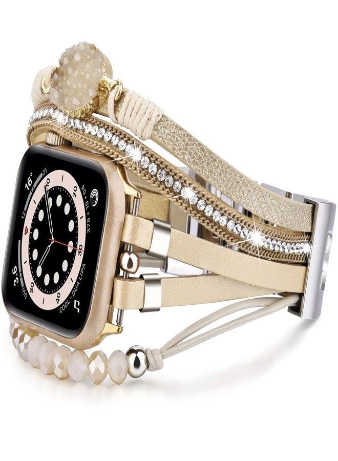 VISOOM Beaded Boho Bracelet Compatible for Apple Watch Band 46mm/45mm/44mm/42mm Series 10 9 8 7 SE Series 6/5/4 Women Leather Fashion Cute Handmade Multilayer Wrap Watch Strap for iWatch Bands 3/2/1 - Image 4