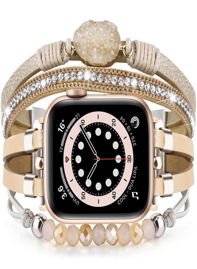 VISOOM Beaded Boho Bracelet Compatible for Apple Watch Band 46mm/45mm/44mm/42mm Series 10 9 8 7 SE Series 6/5/4 Women Leather Fashion Cute Handmade Multilayer Wrap Watch Strap for iWatch Bands 3/2/1 - Image 1