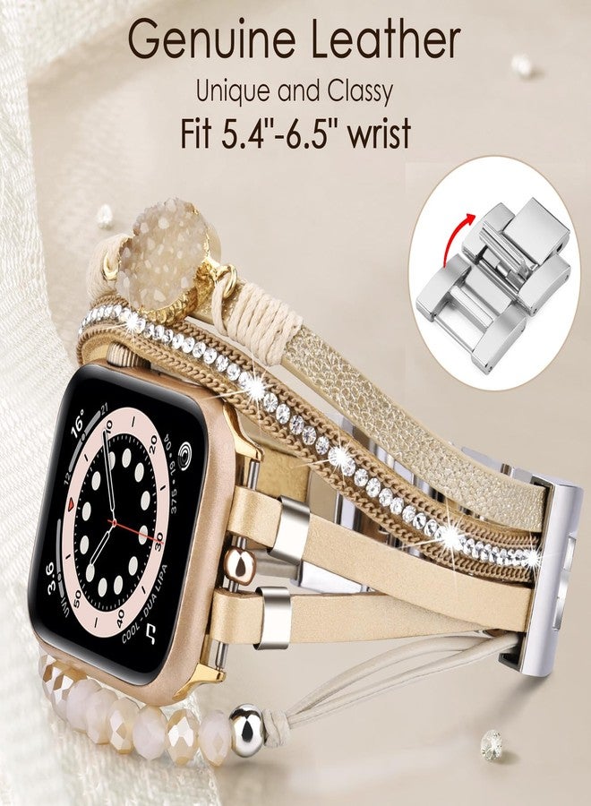 VISOOM Beaded Boho Bracelet Compatible for Apple Watch Band 46mm/45mm/44mm/42mm Series 10 9 8 7 SE Series 6/5/4 Women Leather Fashion Cute Handmade Multilayer Wrap Watch Strap for iWatch Bands 3/2/1 - Image 3