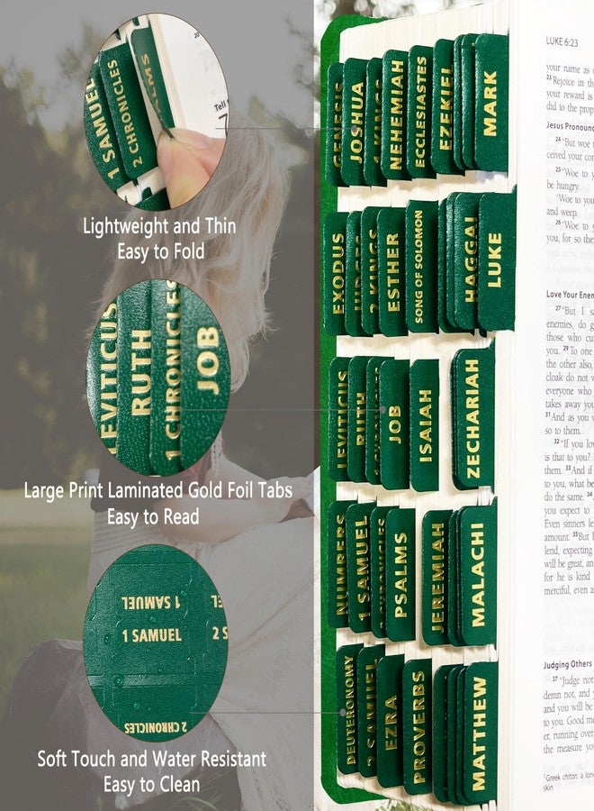 Erilano Bible Tabs for Women and Men - Leather Paper Green Bible Index Tabs - Large Gold Foil Laminated, 66 Tabs for OT & NT, 14 Blank Tabs, Bible Journaling Supplies, Easy to Read & Navigate - Image 2