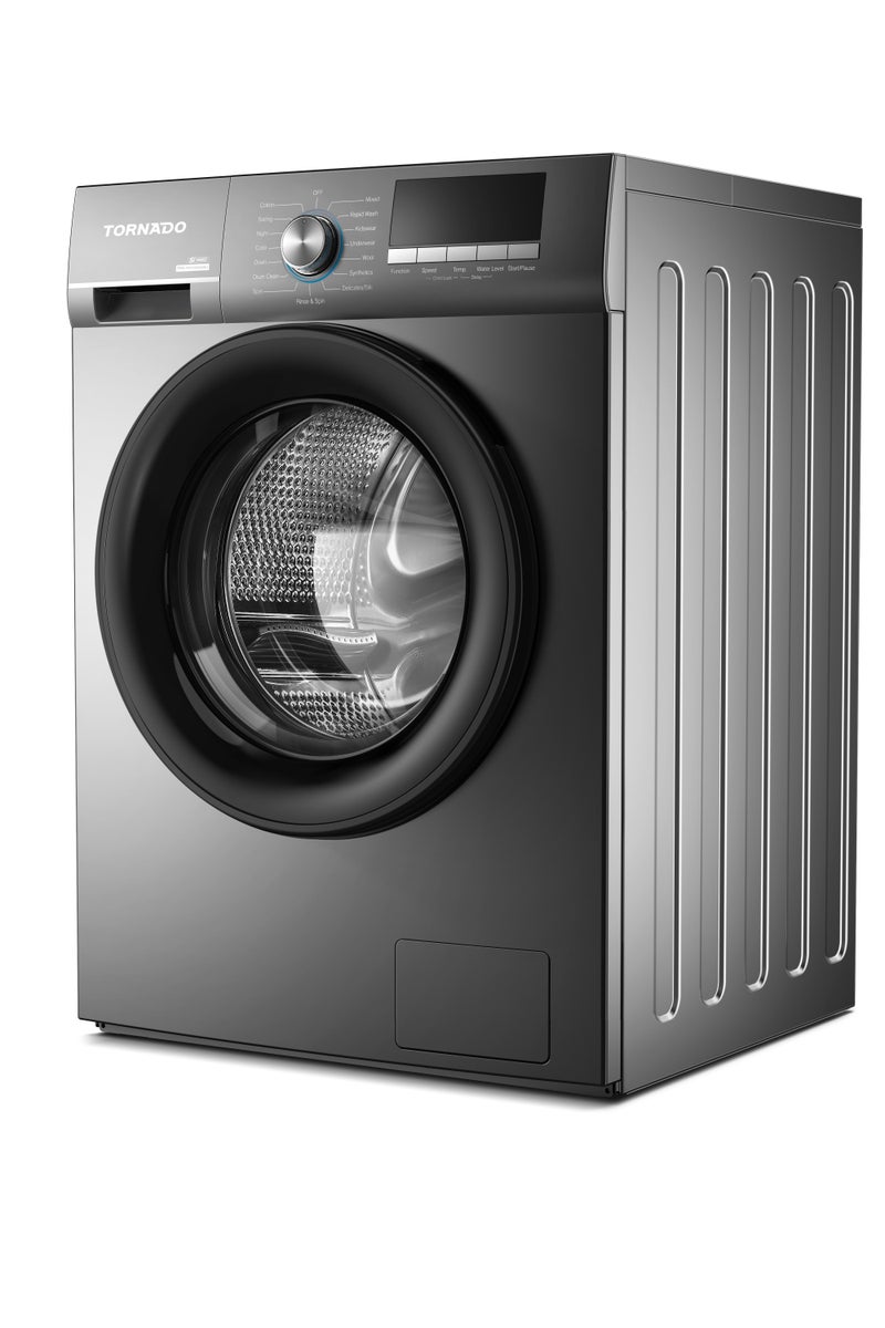 Tornado Front Load Inverter Washing Machine, 7kg Capacity, BLDC Inverter Motor, 1200 RPM, Stainless Steel Drum, Quick Wash 15min, High Temperature Self-Cleaning, Child Lock, Model TWX-FV712GOSSU - Silver