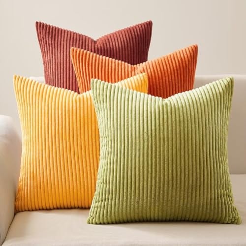 Topfinel Fall 20x20 Set of 4 Couch Decorative Pillow Covers,Modern Burnt Orange Yellow Green Gradient Corduroy Throws Pillow Case,Rustic Western Cushion Covers for Bed Sofa Living Room Home Decor - Image 2