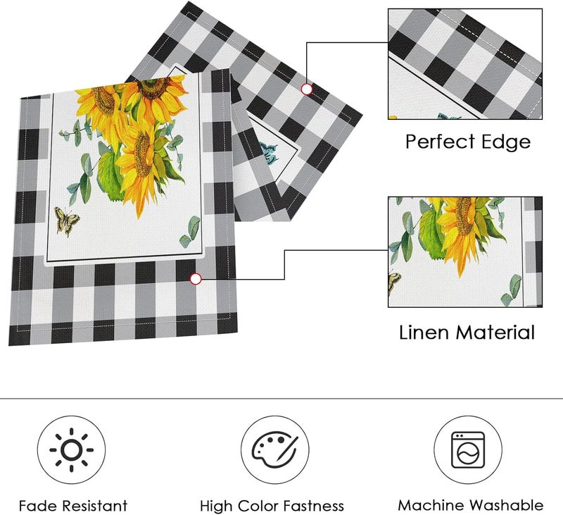 ArtSocket Sunflower Table Runner and Placemats Set of 6 Black White Buffalo Plaid Floral Flower Dining Decor for Daily Use1 Table Runner 72 inches Long and 6 Placemats - Image 2