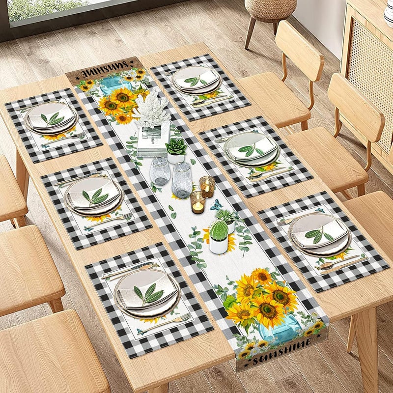 ArtSocket Sunflower Table Runner and Placemats Set of 6 Black White Buffalo Plaid Floral Flower Dining Decor for Daily Use1 Table Runner 72 inches Long and 6 Placemats - Image 1