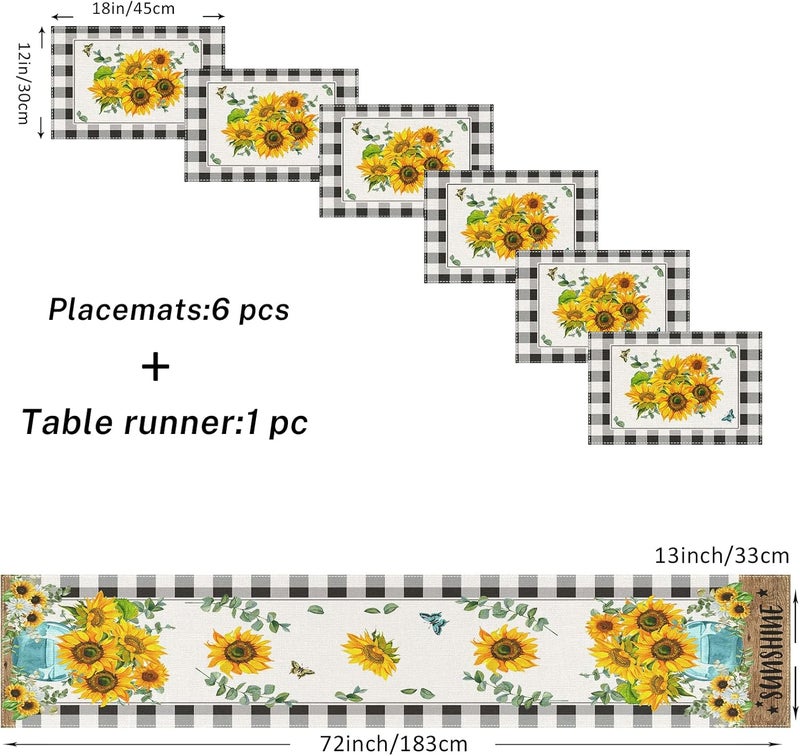 ArtSocket Sunflower Table Runner and Placemats Set of 6 Black White Buffalo Plaid Floral Flower Dining Decor for Daily Use1 Table Runner 72 inches Long and 6 Placemats - Image 3