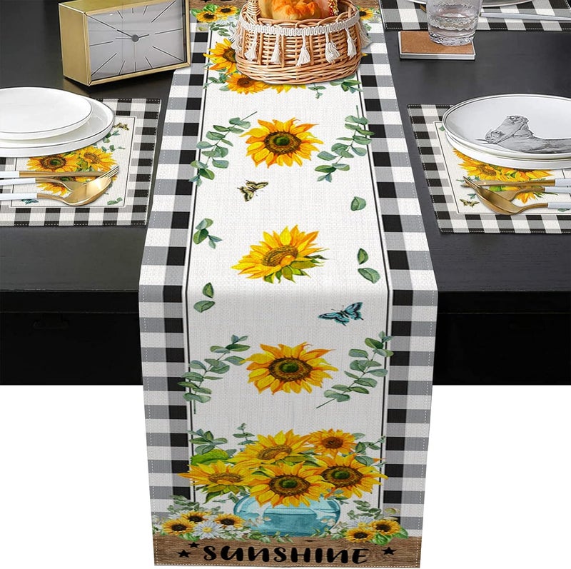 ArtSocket Sunflower Table Runner and Placemats Set of 6 Black White Buffalo Plaid Floral Flower Dining Decor for Daily Use1 Table Runner 72 inches Long and 6 Placemats - Image 5