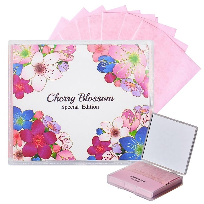 VARUZA [100 Counts + Mirror Case] Cherry Blossom Natural Oil Blotting Paper for Face Korean with Mirror Case - Image 1