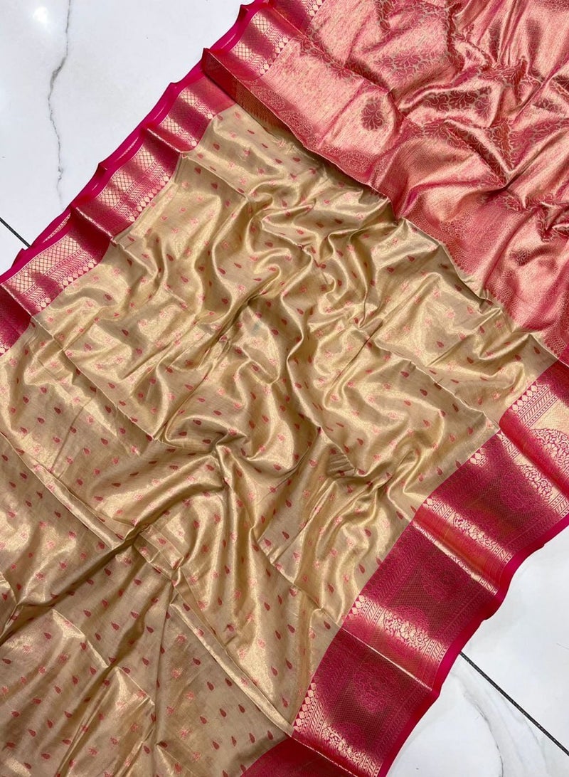 سوبر آسيوي ساري كانشيبورام باتو التقليدي زاري المنسوج مع حدود منسوجة زاري متباينة وبالو منسوج زاري غني مع بلوزة مطرزة  - Image 4