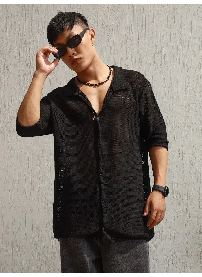 Hubberholme Men's Black Oversized Shirt - Trendy and Comfortable Loose Fit