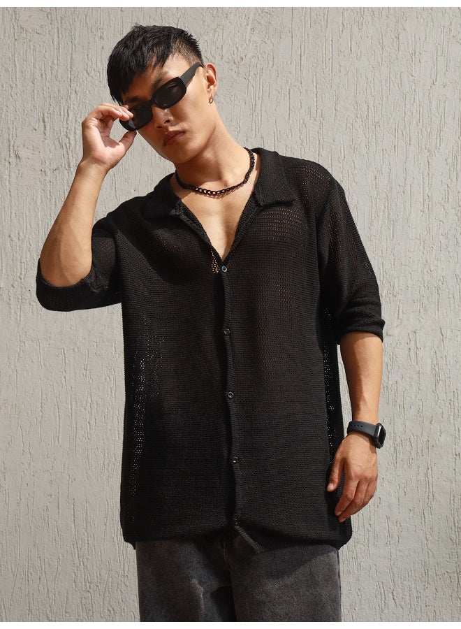 Hubberholme Men's Black Oversized Shirt - Trendy and Comfortable Loose Fit - Image 1