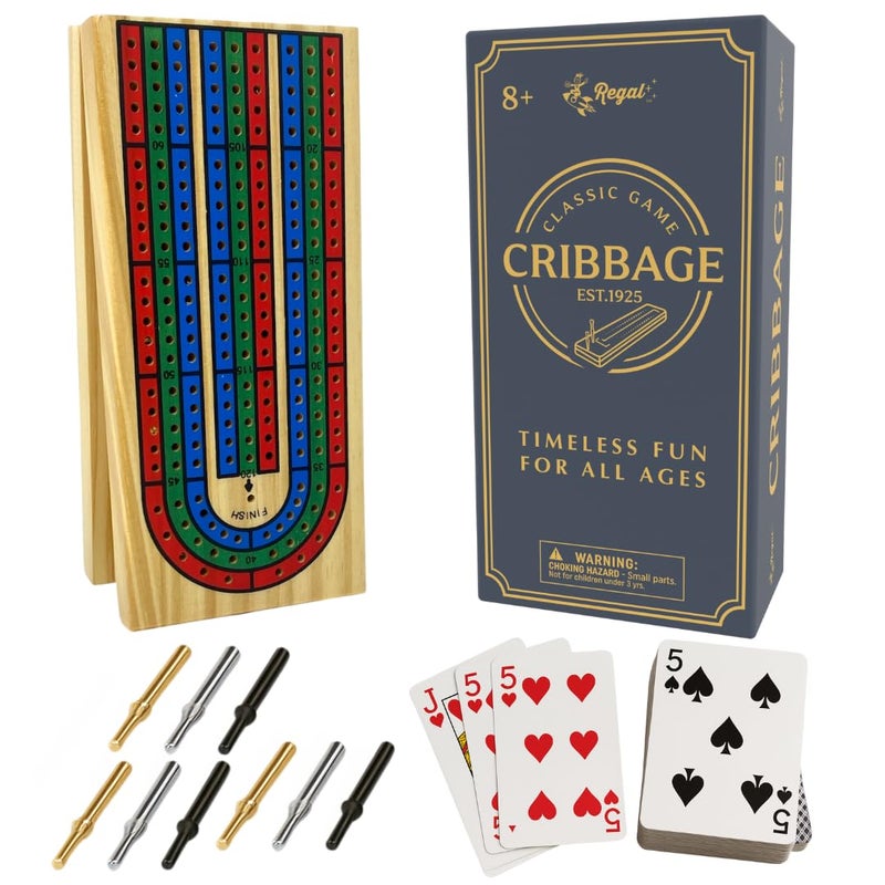 Regal Games Cribbage Board Game Set w/Storage - Fun Table Game with Wooden Board for Adults & Kids - 9 Metal Pegs, Deck of Playing Cards & 2-4 Player Games - Ideal for Game Night, Travel (Ages 8+) - Image 1
