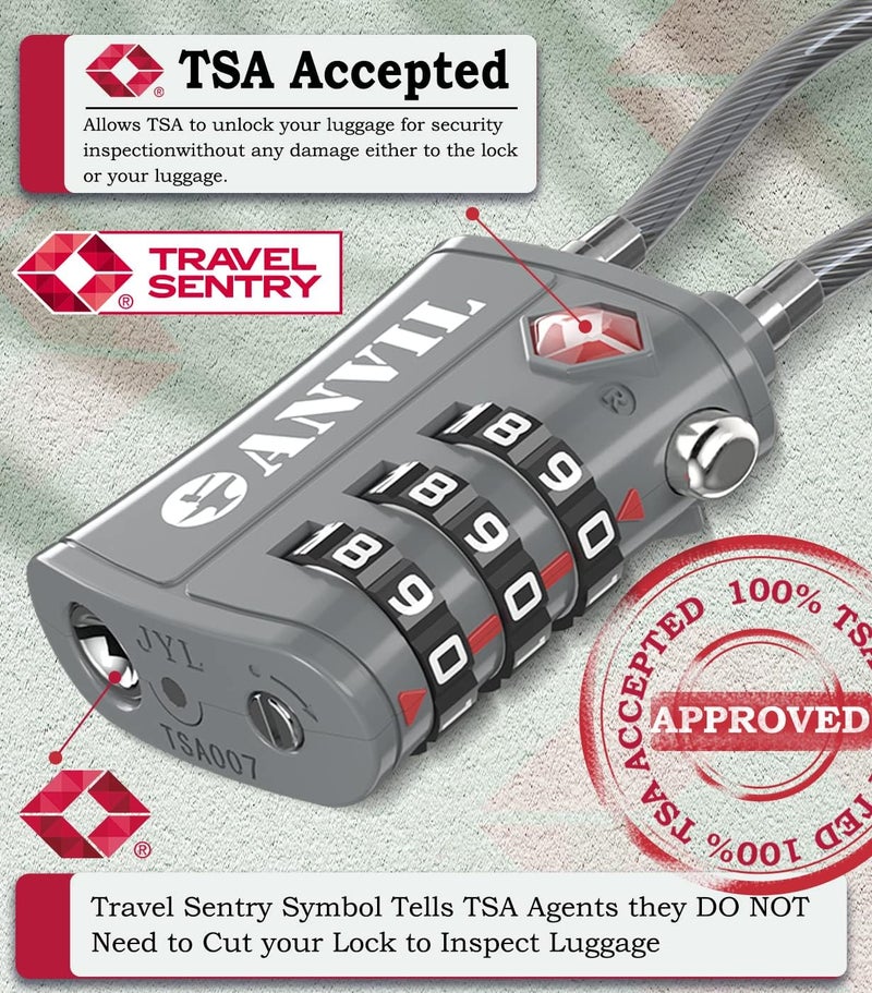Anvil TSA Locks for Luggage – TSA Approved Cable Travel Lock with Zinc Alloy Body, 3-Digit Combination Lock for Suitcases, Backpacks, Gun Cases, Zippers - Image 2
