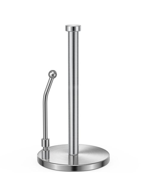 Paper Towel Holder for One Hand Tear, Paper Towel Dispenser Standing Weighted Base Non Slip, Spring Arm Fit Most Size Paper Roll, Stainless Steel Paper Towel for Kitchen Countertop(Silver)