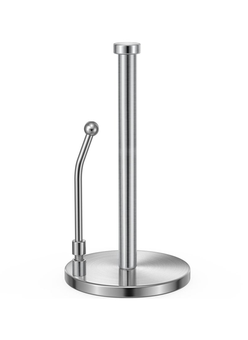 Paper Towel Holder for One Hand Tear, Paper Towel Dispenser Standing Weighted Base Non Slip, Spring Arm Fit Most Size Paper Roll, Stainless Steel Paper Towel for Kitchen Countertop(Silver)