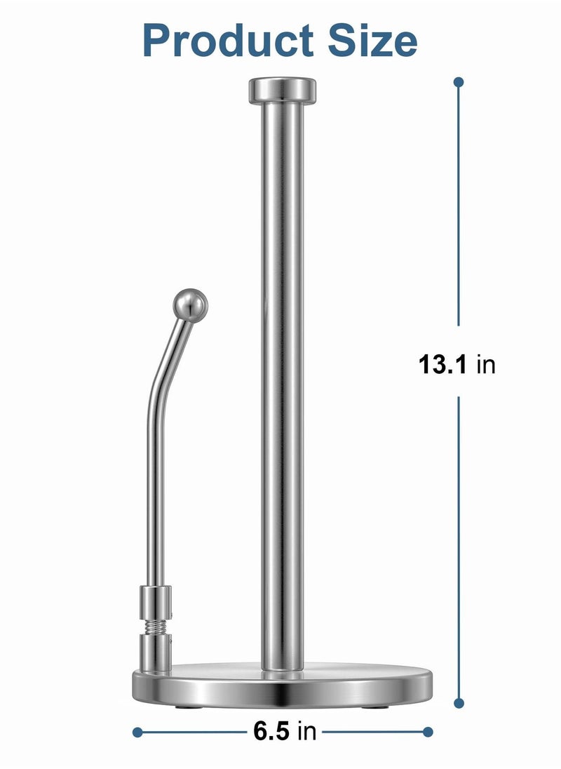 Paper Towel Holder for One Hand Tear, Paper Towel Dispenser Standing Weighted Base Non Slip, Spring Arm Fit Most Size Paper Roll, Stainless Steel Paper Towel for Kitchen Countertop(Silver)