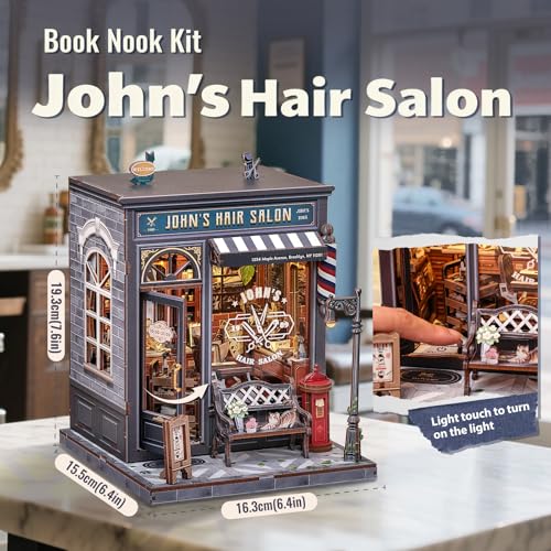 Fsolis Book Nook Kit DIY Miniature House Kit for Adults Mini House Tiny 3D Puzzles for Bookshelf Diorama Decor Gifts for Women Teenagers Puzzle Lovers Johns Hair Salon - Image 5