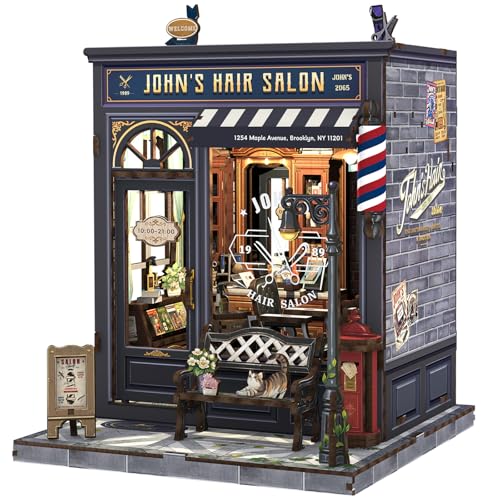 Fsolis Book Nook Kit DIY Miniature House Kit for Adults Mini House Tiny 3D Puzzles for Bookshelf Diorama Decor Gifts for Women Teenagers Puzzle Lovers Johns Hair Salon - Image 1