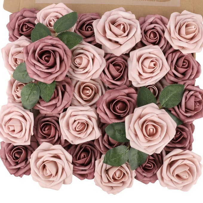 30PCS Artificial Flower Roses Real Touch Fake Flowers with Stem Foam Roses for DIY Wedding Bouquet Table Centerpieces Party Spring Holiday Home Mothers Day DecorationsWarm Taupe Nude