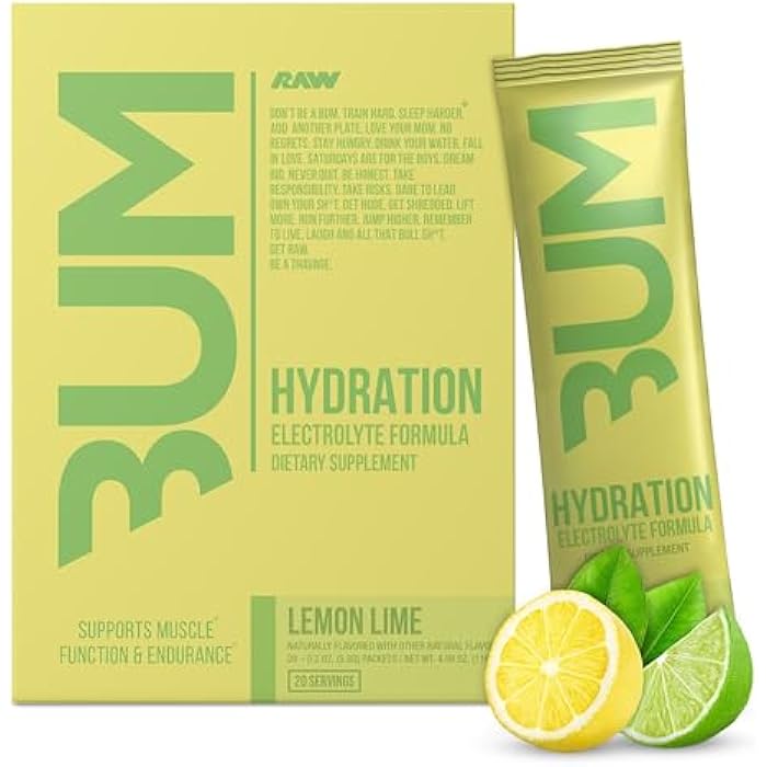 RAW Electrolytes Powder Hydration Drink Mix Packets, Bum Hydrate (Lemon Lime, 20 Servings) - Electrolyte Hydration Packets Supports Muscle Function & Endurance - Keto Free Electrolytes Powder Packets - Image 1