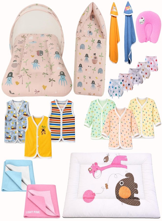 Kwitchy Newborn Baby Essentials Kit 19 Items Combo | New Born Baby Products All Set 0–6 Months | Cotton Newborn Clothes, Bedding & Baby Bed Combo (Pink) - Image 1