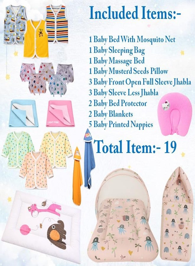 Kwitchy Newborn Baby Essentials Kit 19 Items Combo | New Born Baby Products All Set 0–6 Months | Cotton Newborn Clothes, Bedding & Baby Bed Combo (Pink) - Image 3