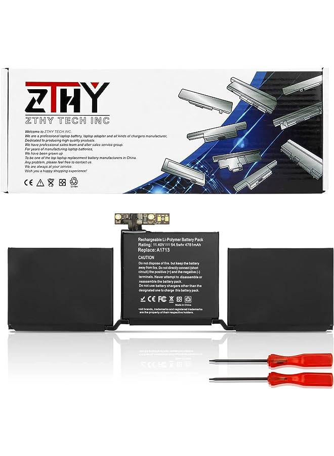 ZTHY 54.5Wh A1713 Laptop Battery Replacement For Pro 13'' Inch A1708 Late 2016 Mid 2017 Series Mll42Ll/A Mluq2Ll/A Emc 2978 3164 020-00946 11.4V 4781Mah With Tools - Image 1