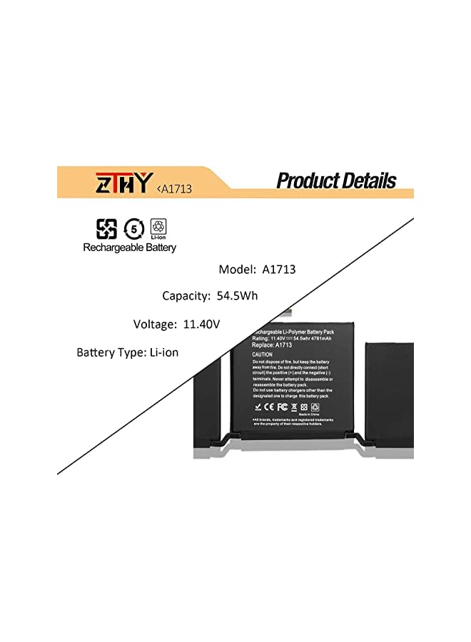 ZTHY 54.5Wh A1713 Laptop Battery Replacement For Pro 13'' Inch A1708 Late 2016 Mid 2017 Series Mll42Ll/A Mluq2Ll/A Emc 2978 3164 020-00946 11.4V 4781Mah With Tools - Image 2