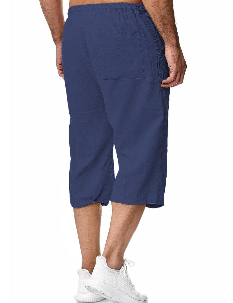 HangNiFang Men's Long Linen Shorts Below Knee Pocketed 3/4 Summer Drawstring Capri Pant(0131-NavyBlue-XXL) - Image 4