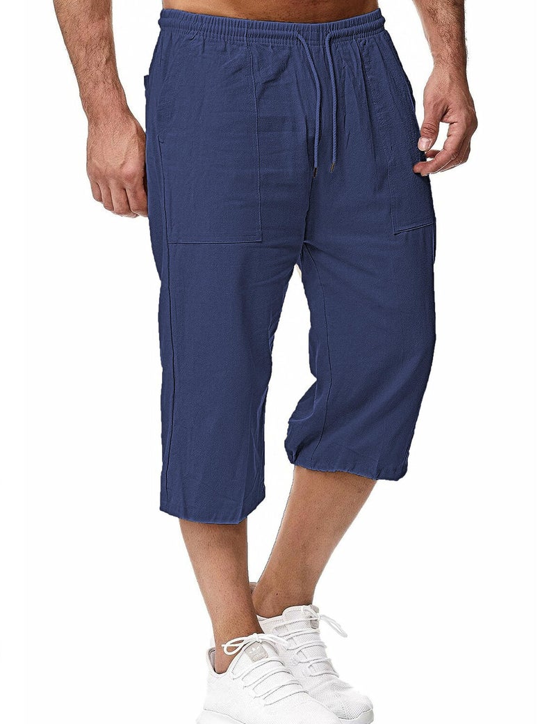 HangNiFang Men's Long Linen Shorts Below Knee Pocketed 3/4 Summer Drawstring Capri Pant(0131-NavyBlue-XXL) - Image 1