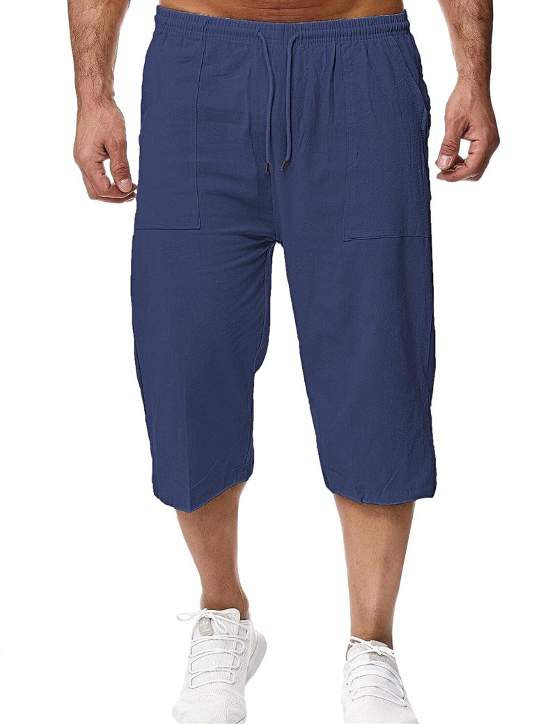 HangNiFang Men's Long Linen Shorts Below Knee Pocketed 3/4 Summer Drawstring Capri Pant(0131-NavyBlue-XXL) - Image 2
