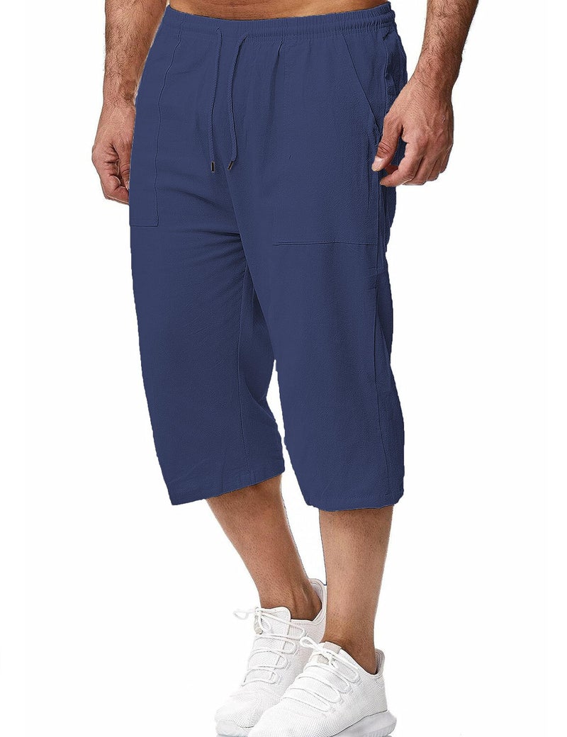 HangNiFang Men's Long Linen Shorts Below Knee Pocketed 3/4 Summer Drawstring Capri Pant(0131-NavyBlue-XXL) - Image 3