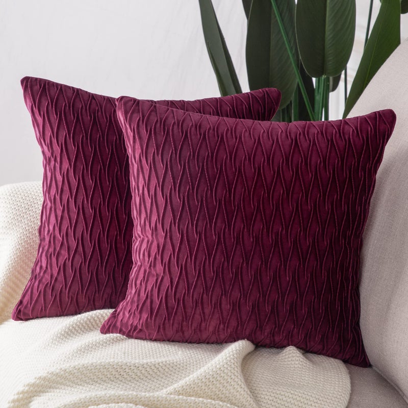 MADIZZ مجموعة Madizz من 2 وسادة رمي زخرفية Super Super Velvet تغطي 20 × 20 بوصة مربع بورغوندي مع نسيج وسادة سادة النمط الفاخر لغرفة نوم الأريكة - Image 3