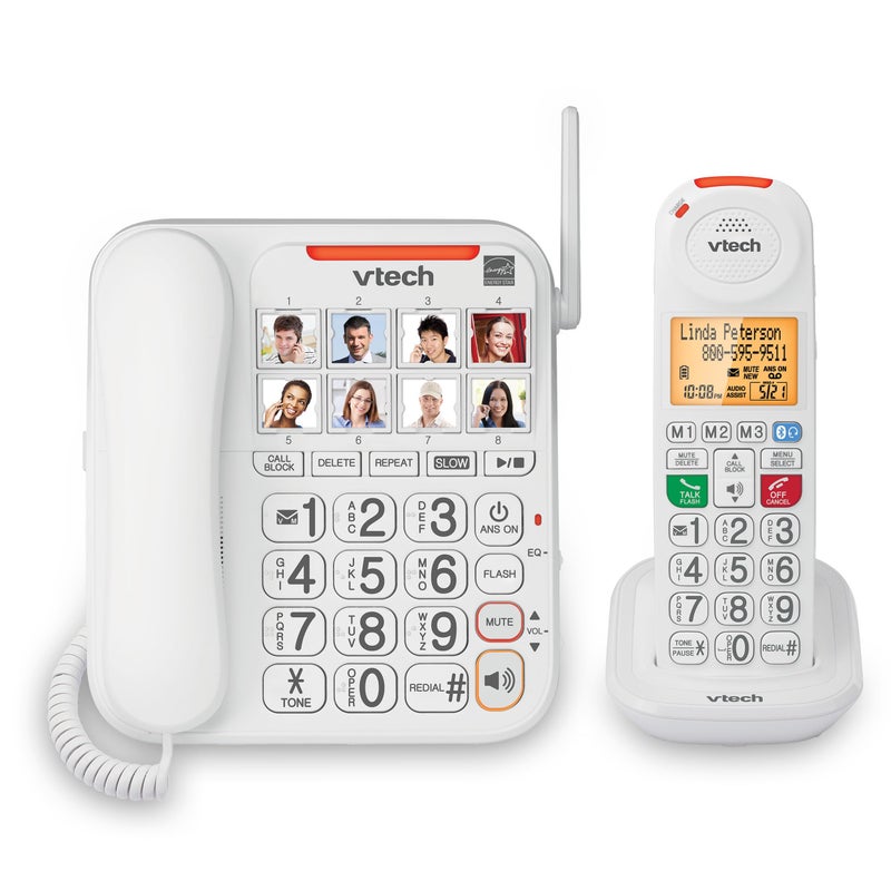 VTech SN5147 Amplified Corded/Cordless Senior Phone with Answering Machine, Big Buttons, 90dB Extra-Loud Visual Ringer, 50dB Audio Assist, Call Blocker, White - Image 1