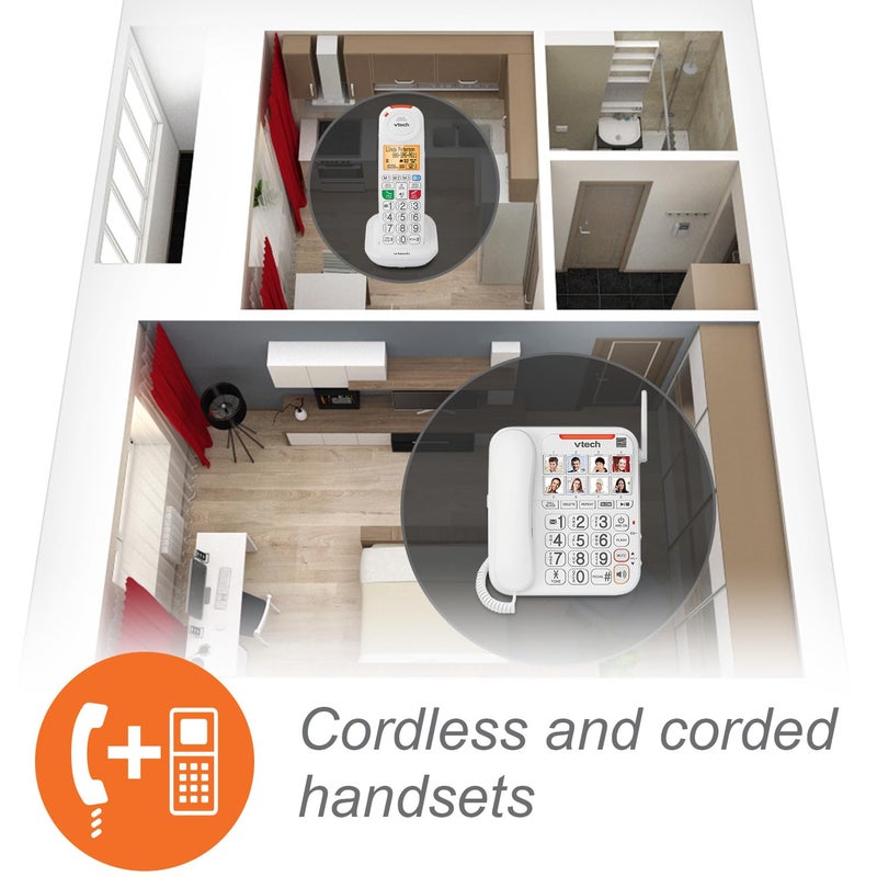 VTech SN5147 Amplified Corded/Cordless Senior Phone with Answering Machine, Big Buttons, 90dB Extra-Loud Visual Ringer, 50dB Audio Assist, Call Blocker, White - Image 2