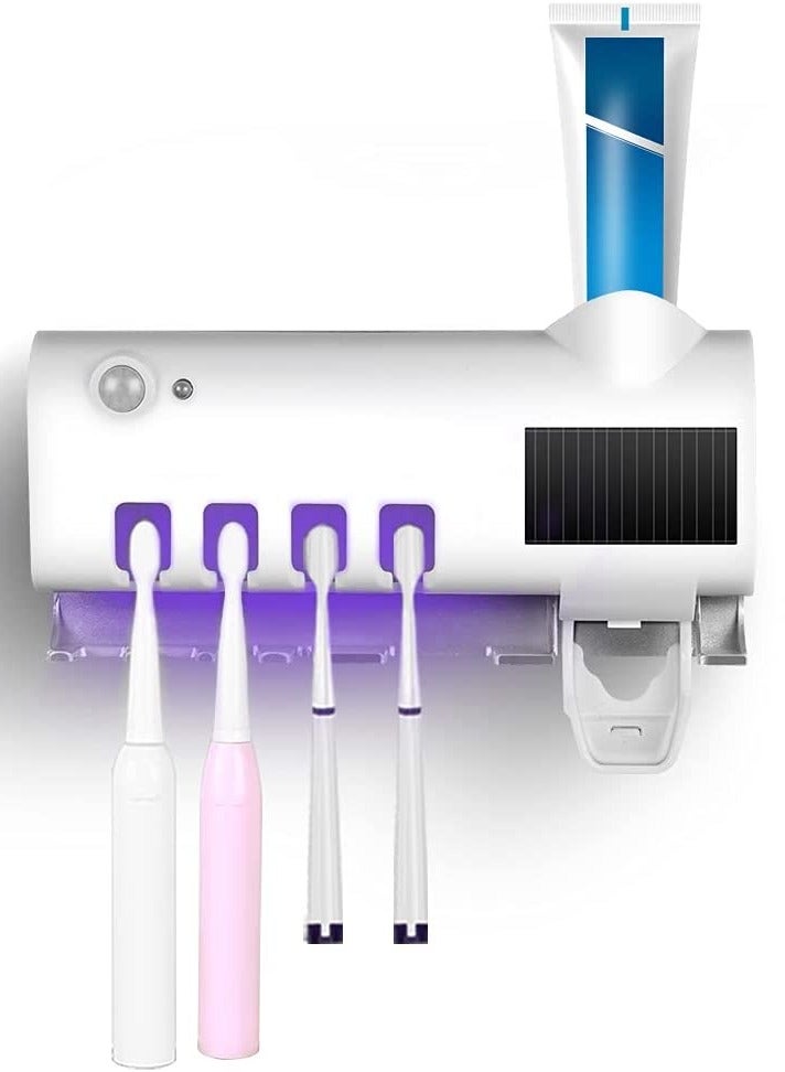 Bathroom Toothbrush Wall Mount Bracket with 4 Slots and 1 Automatic Toothpaste Dispenser, USB Rechargeable Solar Panel and Smart Sensor - Image 1