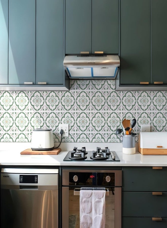 Alwayspon 10Pcs 6x6inch/15x15cm Peel and Stick Vinyl Wall Tile Sticker, Green Floral Textured Self-Adhesive Backsplash Tile Decals Stick on Tiles Waterproof Removable for Kitchen Bathroom - Image 2