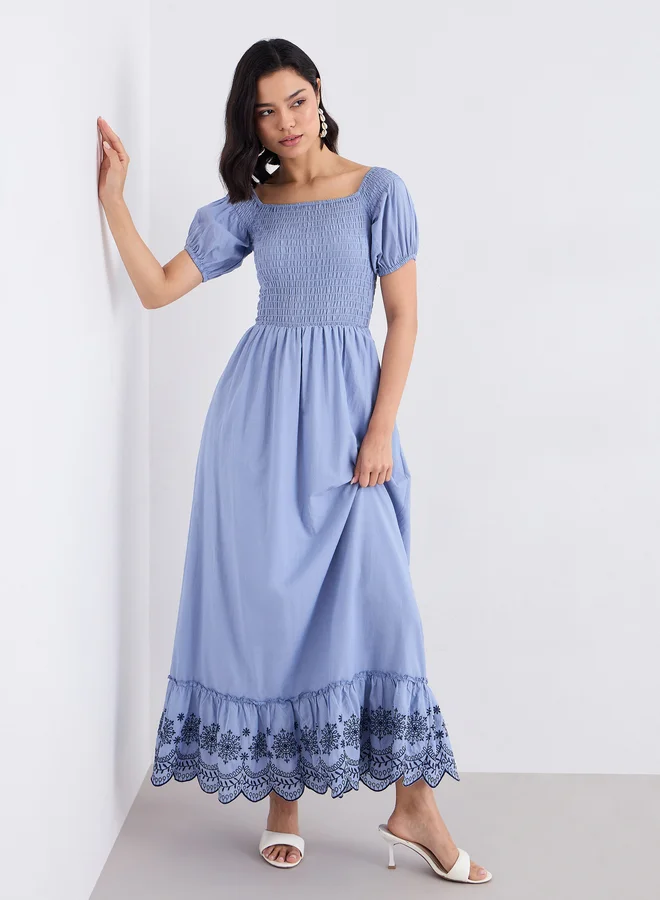 Styli Blue Embroidered Hem Maxi Dress