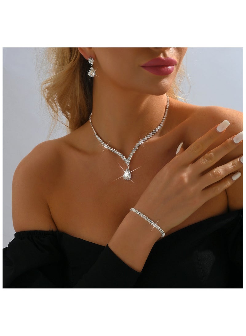 Beauenty Metal diamond necklace earrings bracelet three-piece wedding bridal jewelry set  - Image 1
