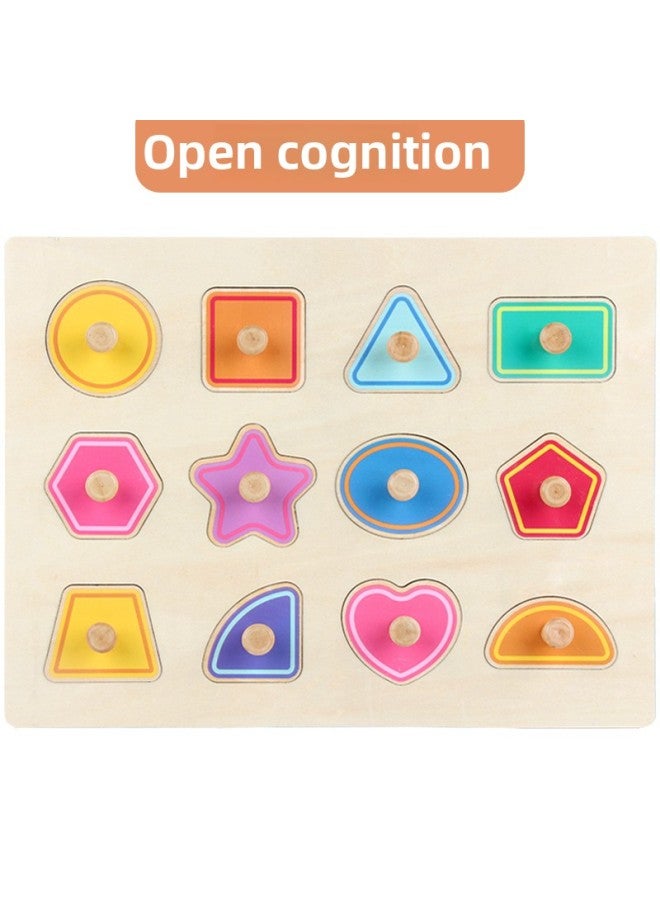 Direct Hand-held Plate Jigsaw Puzzle Children's Early Education And Intelligence Wooden Toys Digital Letters Fruit Geometric Shapes-Color:OJR-shape Cognition Of Large Wooden Nail Hand-held Board - Image 1
