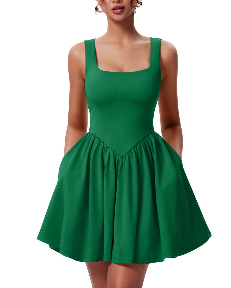 YMDUCH Women's Summer Sleeveless Square Neck A-line Ruffle Hem Mini Tank Dress with Pockets Green - Image 1