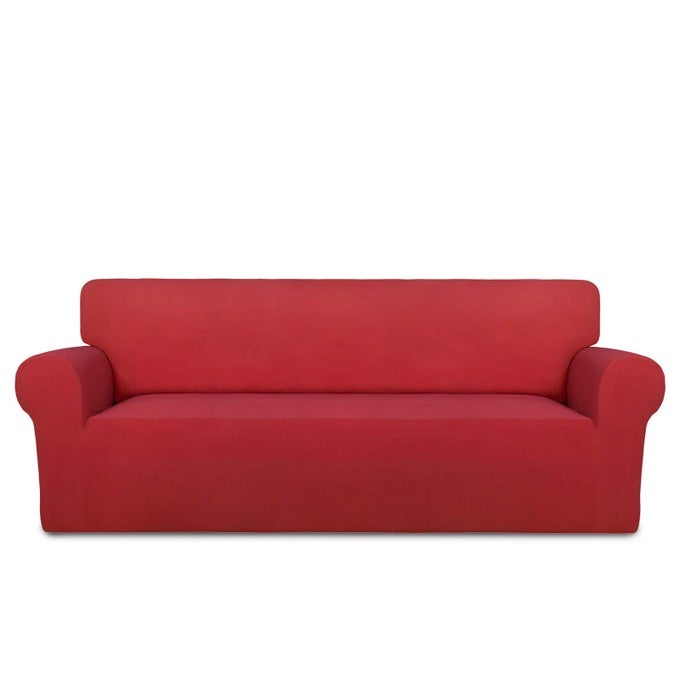 SUPER STRETCH SOFA SLIPCOVER SPANDEX NON SLIP SOFT COUCH SOFA COVER WASHABLE FURNITURE PROTECTOR WITH NON SKID FOAM AND ELASTIC BOTTOM FOR KIDS PETS SOFA RED