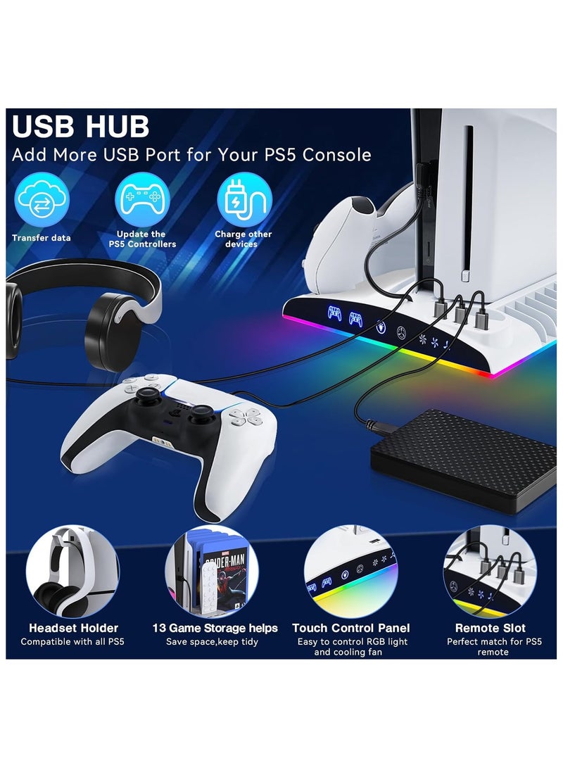 PS5/PS5 Slim Stand and Cooling Station with LED Controller Charging Station for Playstation 5, PS5 Accessories with 3 Levels Cooling Fan,RGB LED Light,3 USB HUBs,Headset Holder,13 Game Storage - Image 5