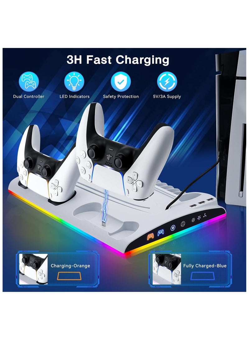 PS5/PS5 Slim Stand and Cooling Station with LED Controller Charging Station for Playstation 5, PS5 Accessories with 3 Levels Cooling Fan,RGB LED Light,3 USB HUBs,Headset Holder,13 Game Storage - Image 4