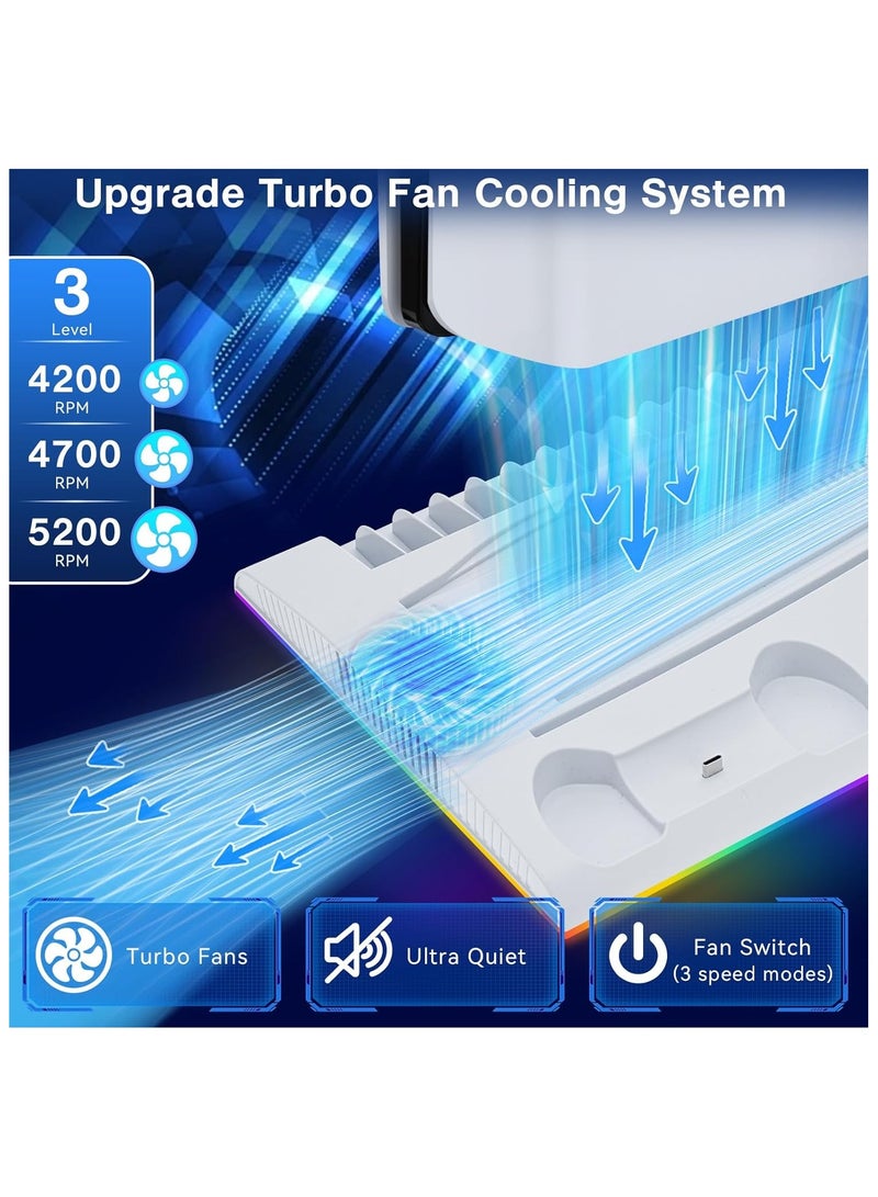 PS5/PS5 Slim Stand and Cooling Station with LED Controller Charging Station for Playstation 5, PS5 Accessories with 3 Levels Cooling Fan,RGB LED Light,3 USB HUBs,Headset Holder,13 Game Storage - Image 2
