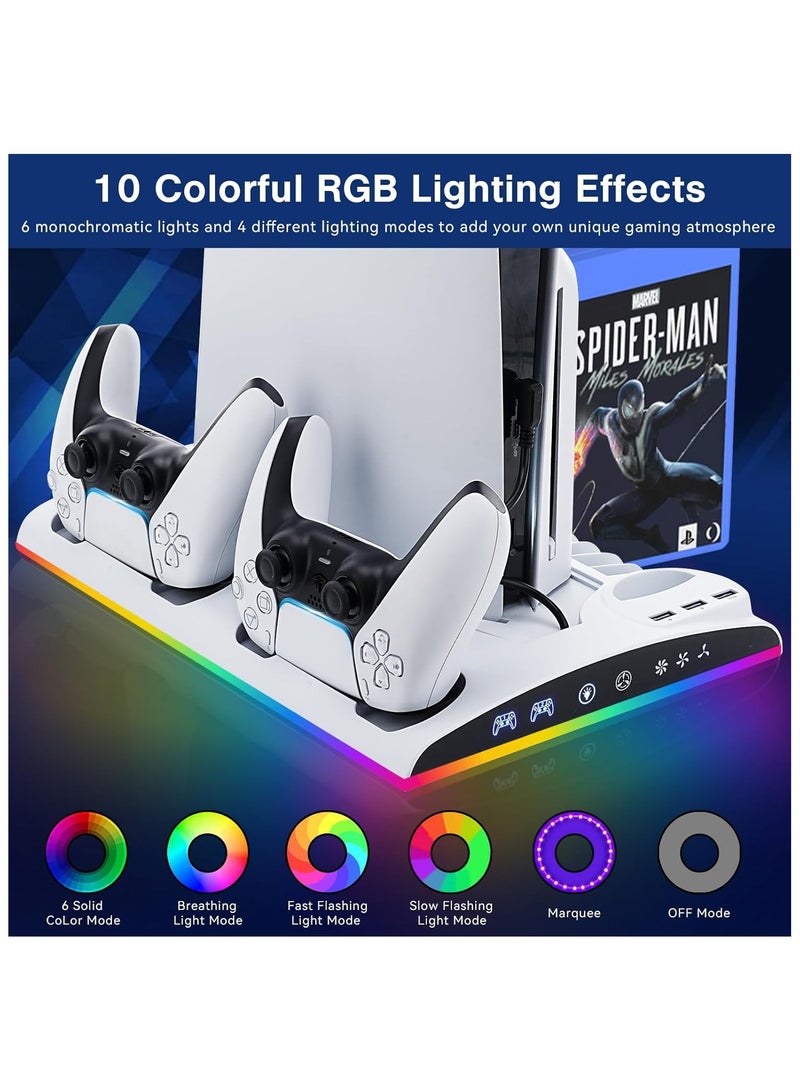 PS5/PS5 Slim Stand and Cooling Station with LED Controller Charging Station for Playstation 5, PS5 Accessories with 3 Levels Cooling Fan,RGB LED Light,3 USB HUBs,Headset Holder,13 Game Storage - Image 3