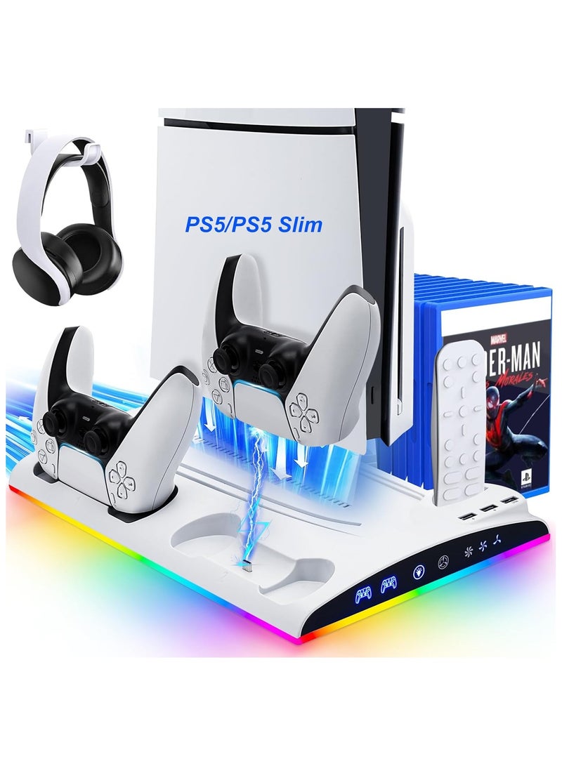 PS5/PS5 Slim Stand and Cooling Station with LED Controller Charging Station for Playstation 5, PS5 Accessories with 3 Levels Cooling Fan,RGB LED Light,3 USB HUBs,Headset Holder,13 Game Storage - Image 1