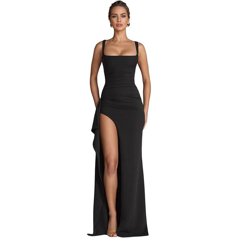 Caviotess Women’s Elegant Square Neck Ruched Formal Maxi Dress Sexy High Split Ruffle Bodycon Long Dress Evening Gown - Image 2