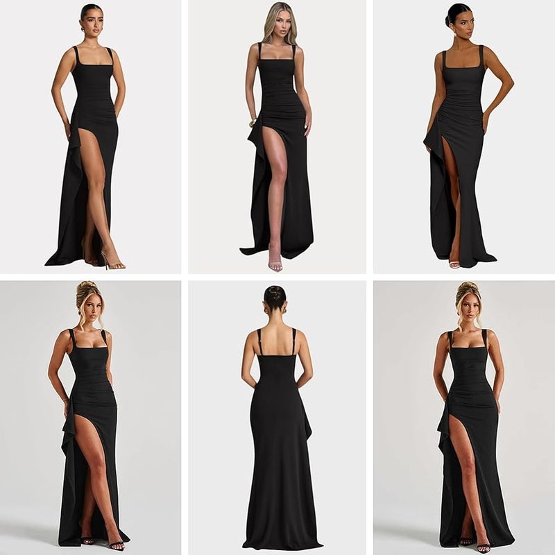 Caviotess Women’s Elegant Square Neck Ruched Formal Maxi Dress Sexy High Split Ruffle Bodycon Long Dress Evening Gown - Image 5